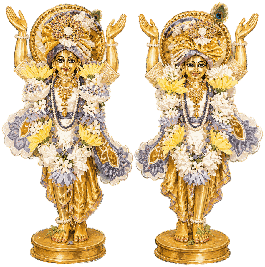 Sri Sri Nitai-Tšaitanja Tšandra, templi Jumalakujud, käed üleval, lilleplärgades