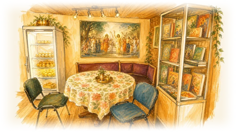 Templi külalissöökla — prasadamiga laud sankirtana maali all